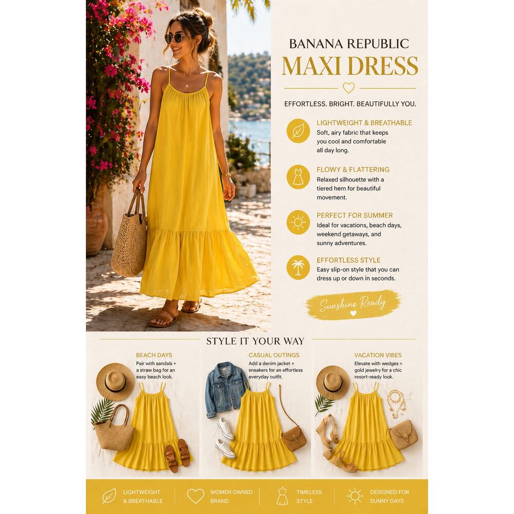 Banana Republic Maxi Dress Sleeveless Yellow SZM Sleeveless Boho Vacation